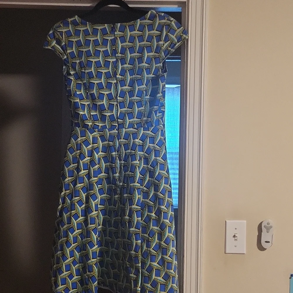 A patterned blue, turquoise, yellow & black dress. - Picture 2 of 5